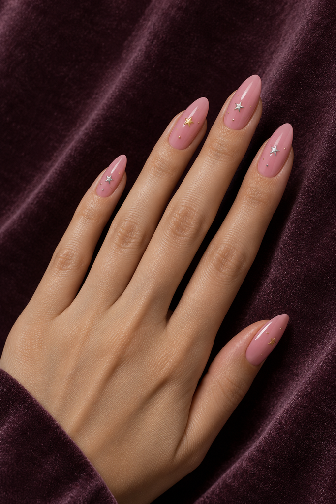 Glossy pink almond nails decorated with tiny silver and gold stars.