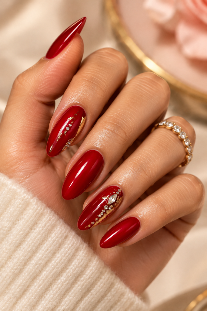 Glossy red birthday nails with a bold, elegant finish