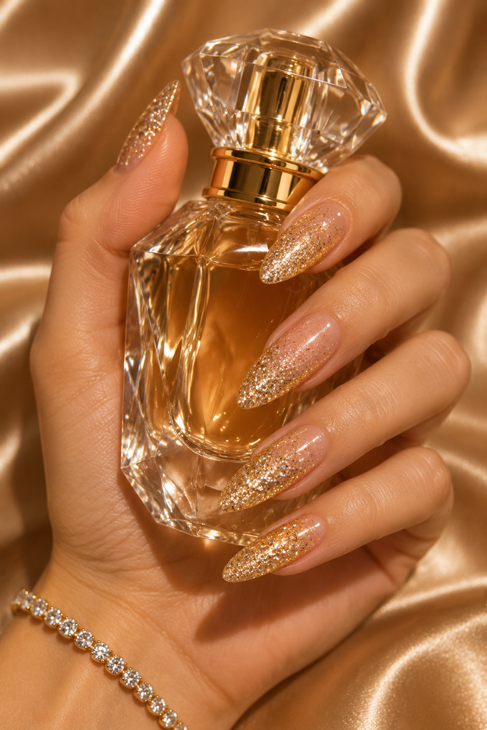 Champagne gold glitter almond acrylic nails holding a clear perfume bottle.