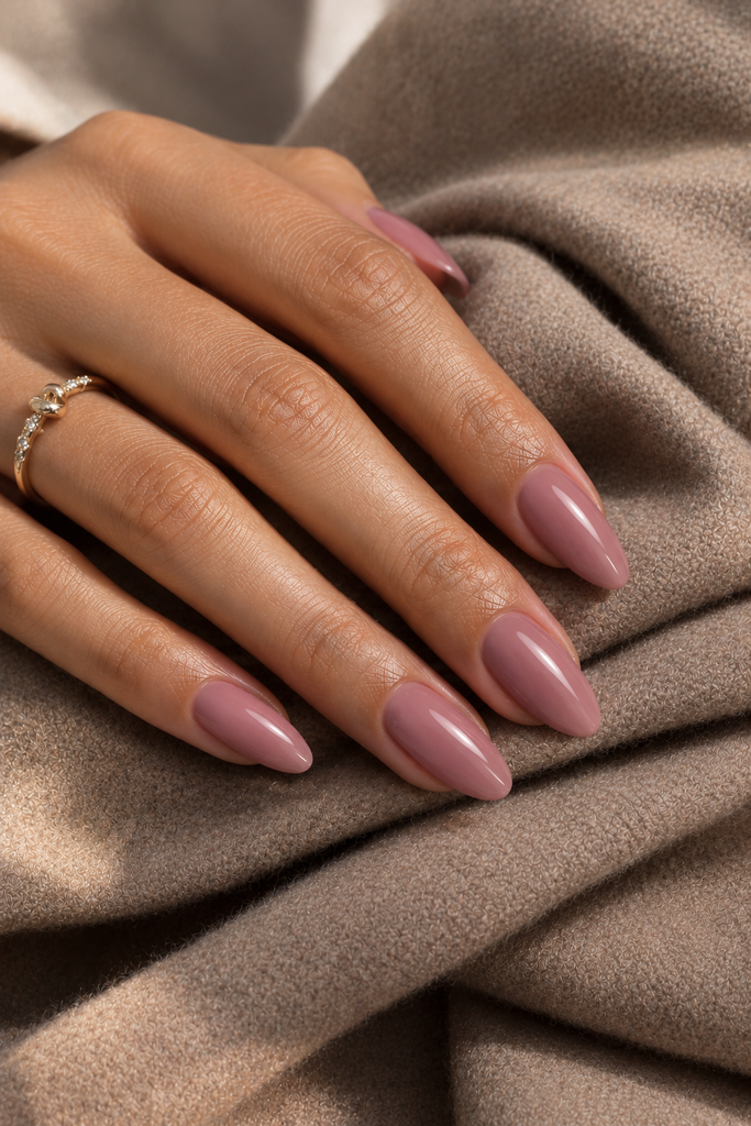 Medium oval nails painted muted dusty rose with a smooth glossy finish.
