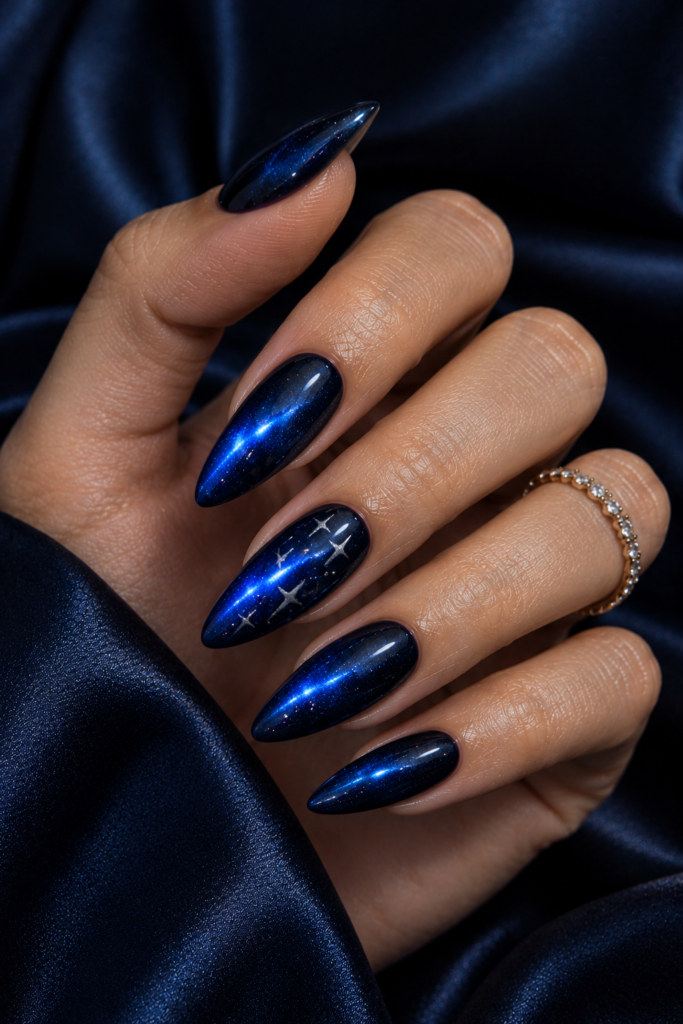 Midnight-blue galaxy cat-eye nails with reflective magnetic blue highlights and subtle silver star accents.