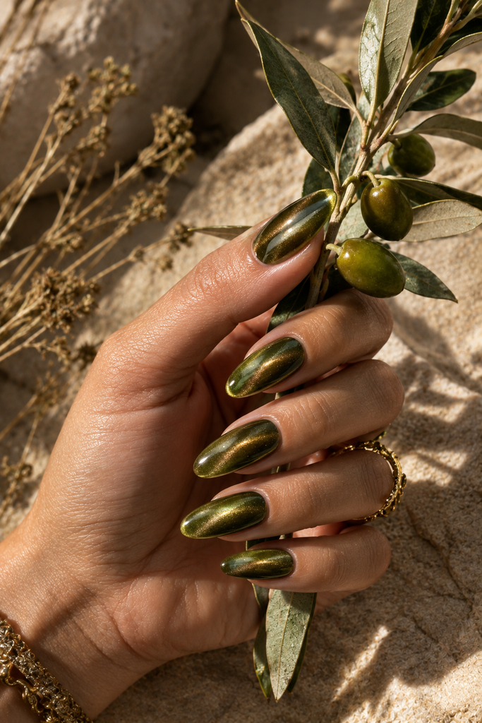 Olive green cat eye nails with antique-gold magnetic shimmer