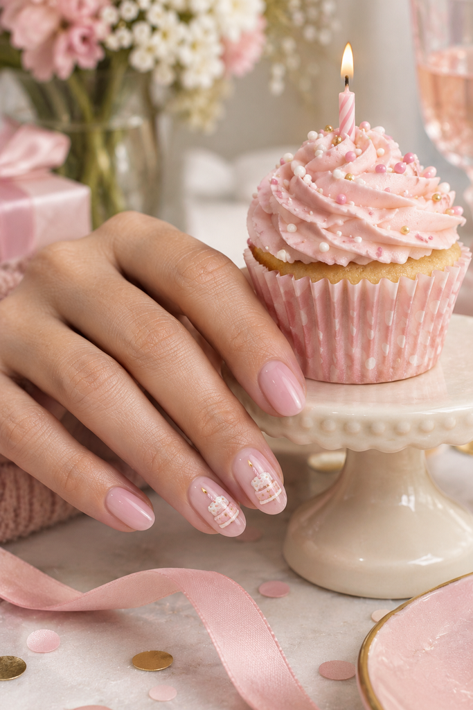 Blush pink rounded nails with miniature birthday cake and candle designs.