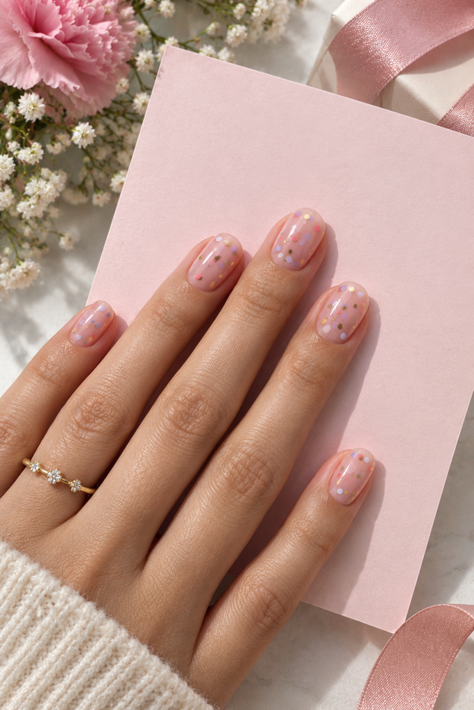 Short rounded pink nails decorated with tiny pastel confetti dots.