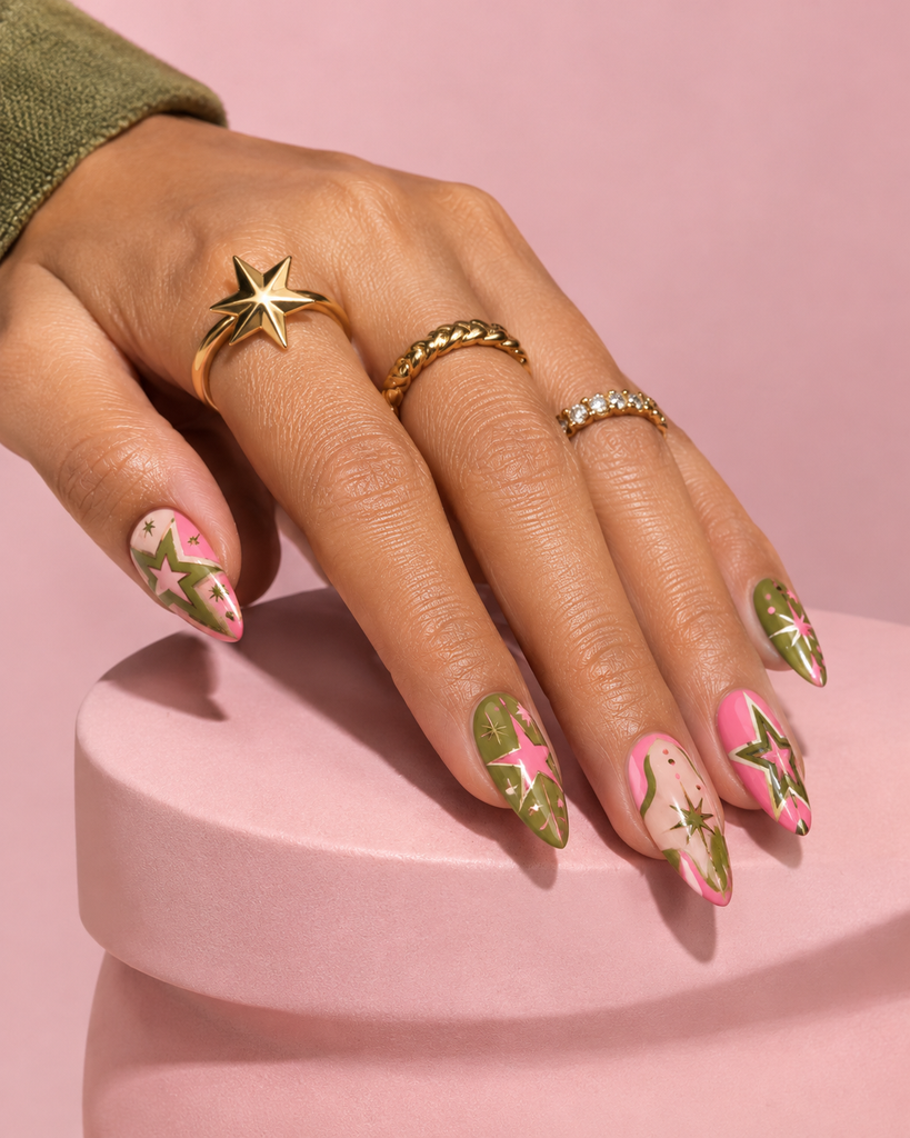 Playful birthday nails with graphic stars in contrasting colors