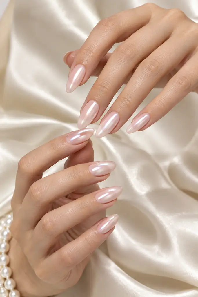 Pale blush nails with a luminous pearlescent glazed-chrome finish.