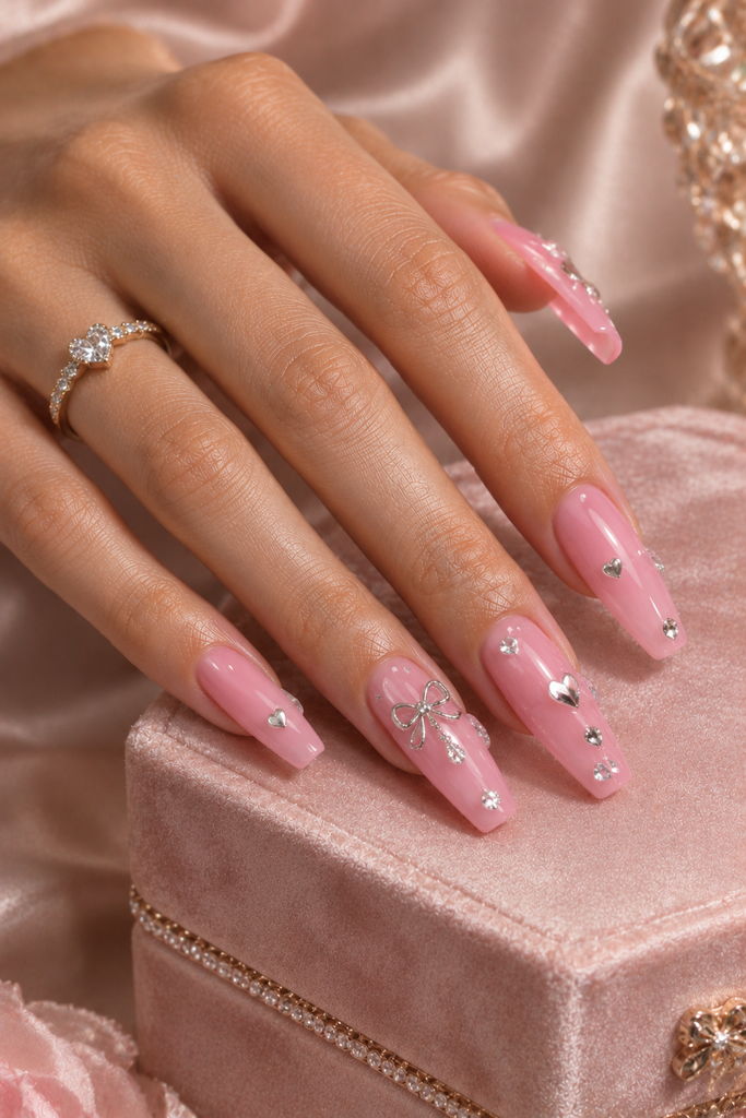  Long pink acrylic nails decorated with miniature silver hearts, bows, and crystal charms.