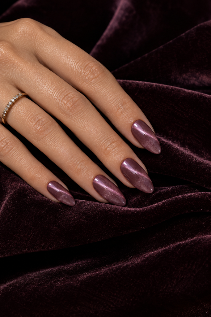 Mauve Korean cat-eye nails with a dimensional magnetic velvet effect.