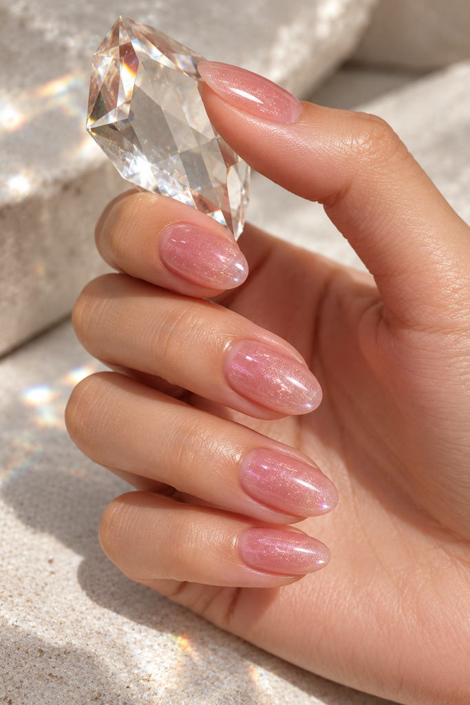 Sheer blush Korean glass nails with fine iridescent shimmer and reflective shine.