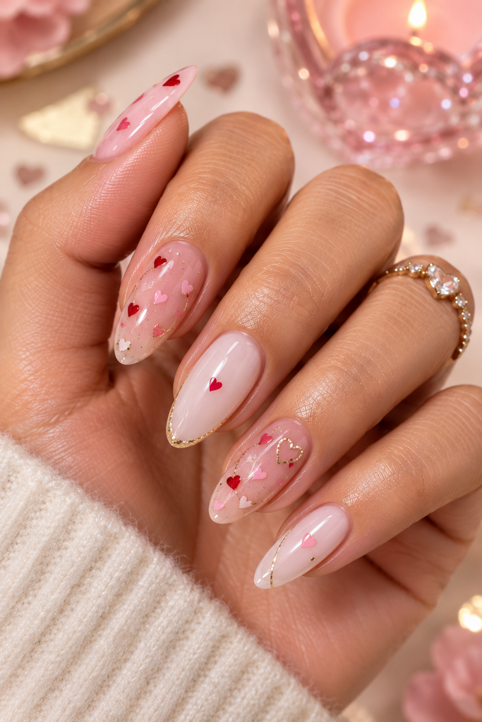 Soft pink birthday nails decorated with tiny heart designs