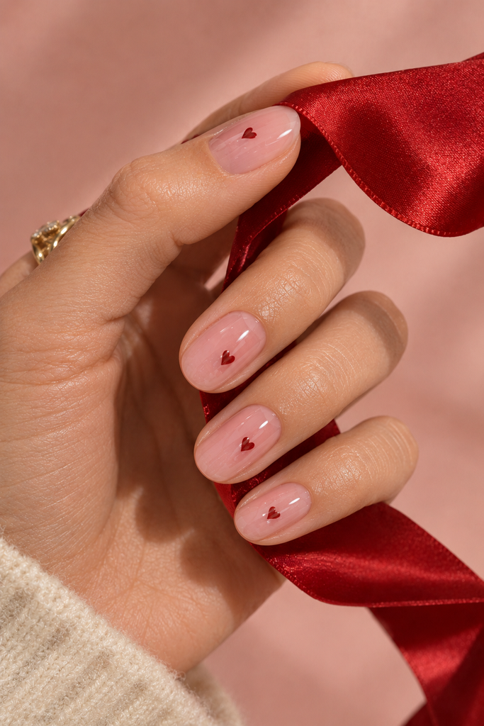 Glossy pink Korean nails decorated with miniature red heart designs.