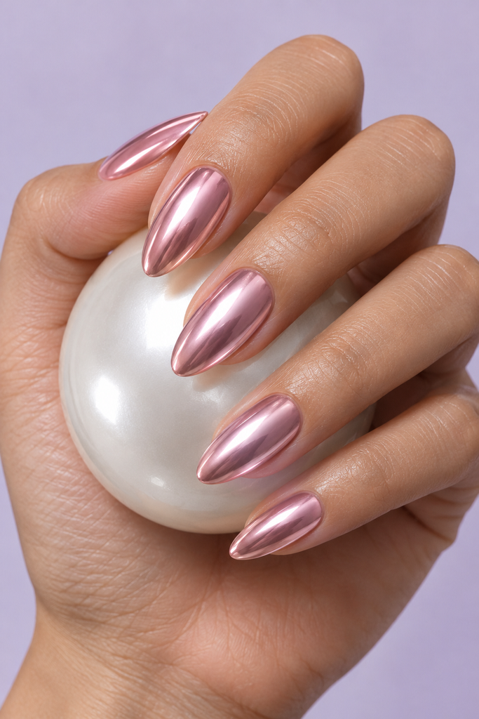 Medium almond nails with reflective rose-pink chrome polish.