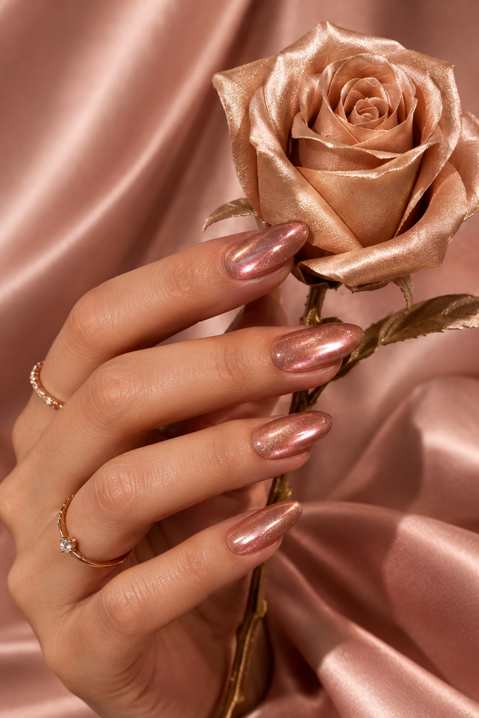 Rose-gold cat eye nails with copper-pink magnetic reflections