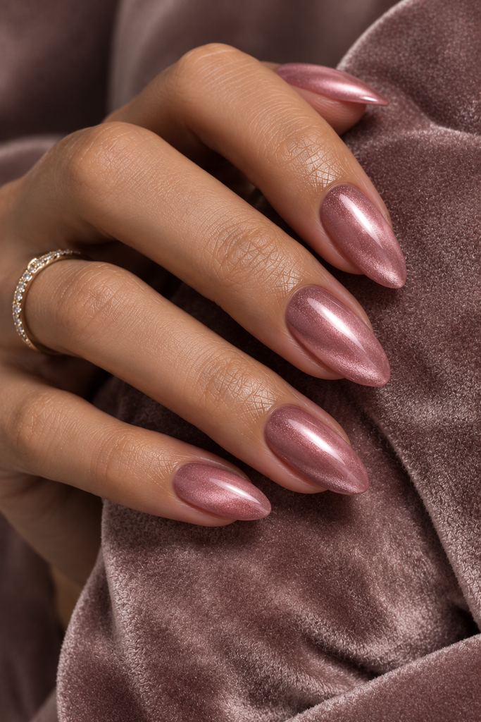  Rose-pink magnetic gel nails with a luminous velvet-like reflective finish.