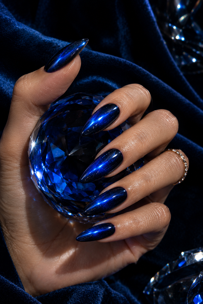 Sapphire blue cat eye nails with vivid cobalt magnetic streaks