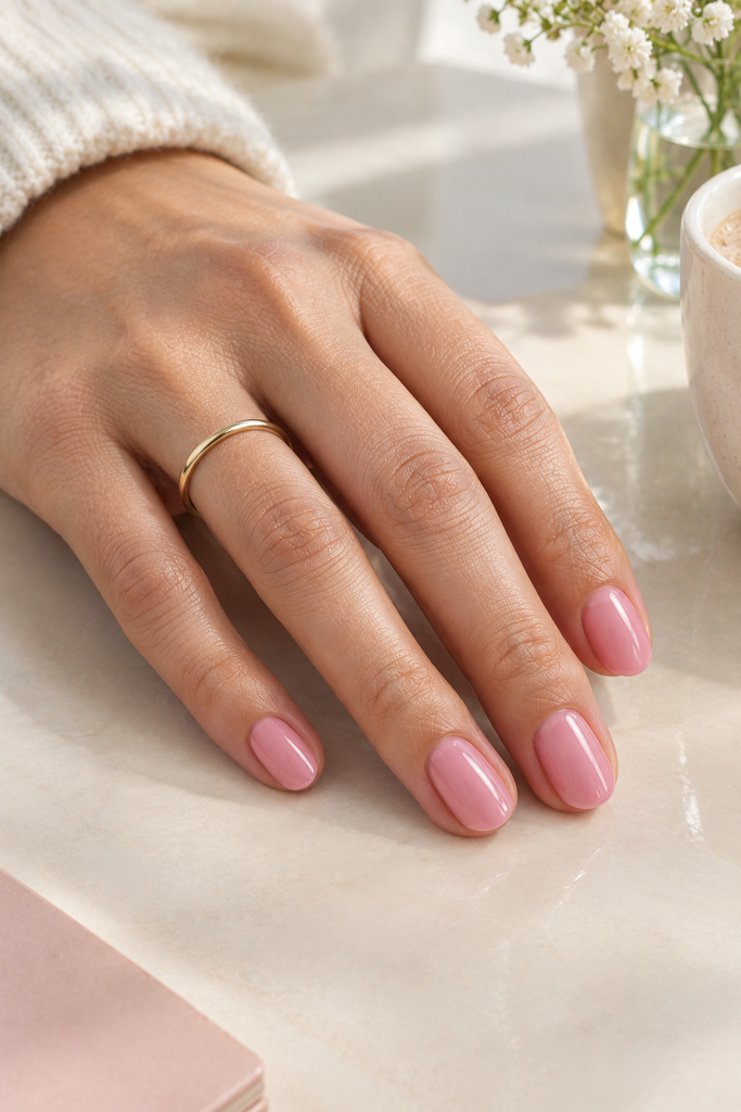 Short rounded nails painted uniform glossy medium pink.