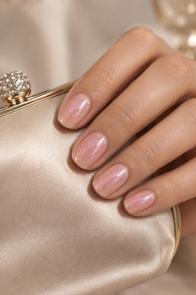 Short squoval nails with translucent blush polish and fine pink shimmer.