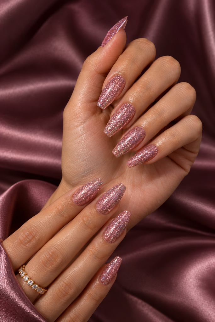 Coffin-shaped nails covered in sparkling rose-pink microglitter.