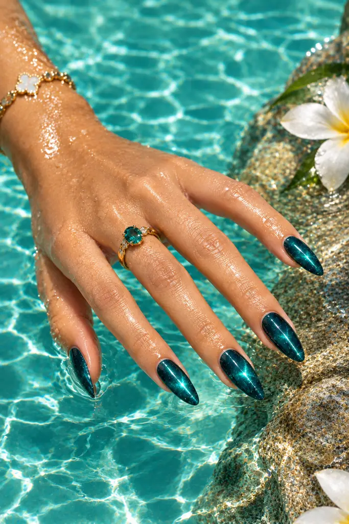 Teal cat eye nails with bright turquoise magnetic light bands