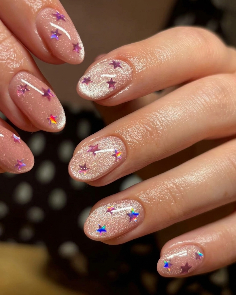 Nude cat-eye birthday nails with delicate star accents and a glossy finish