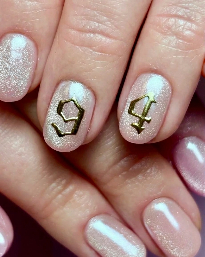 Retro birthday manicure featuring birth-year numbers and colorful nail art