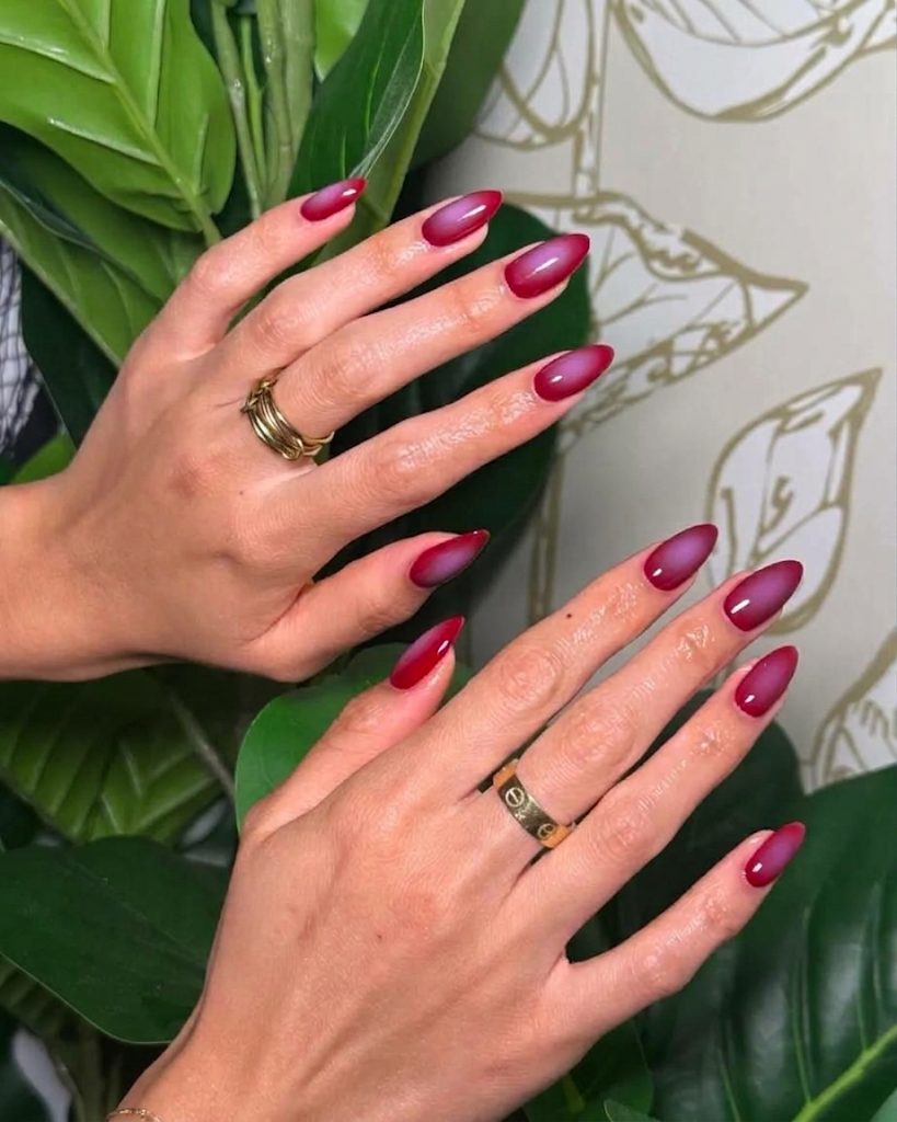 Aura birthday nails with softly blended pink and purple gradients