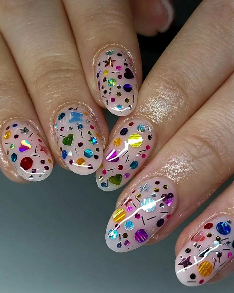 Birthday nails decorated with colorful confetti glitter on a sheer base