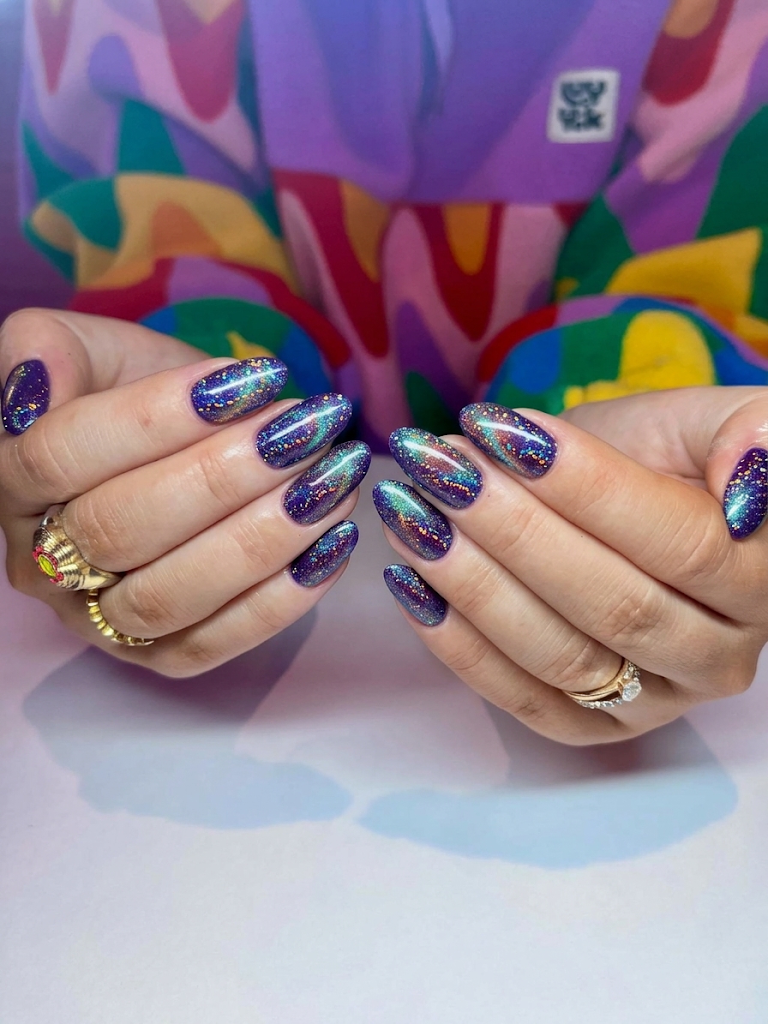 Pink holographic birthday nails with iridescent rainbow reflections