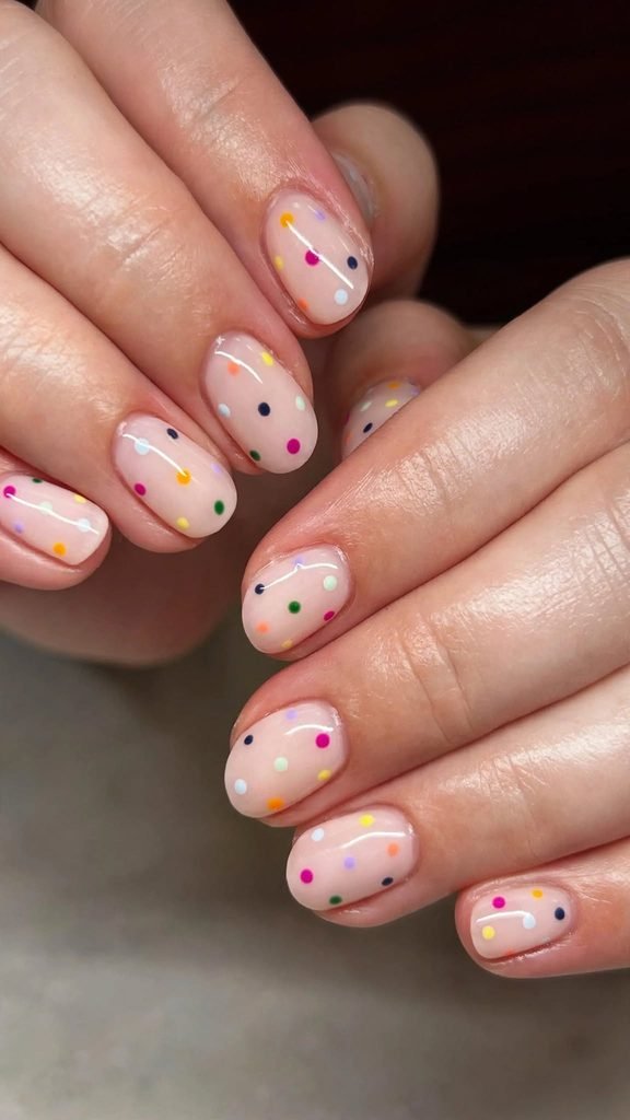 Playful birthday nail art with multicolored dots on a sheer base