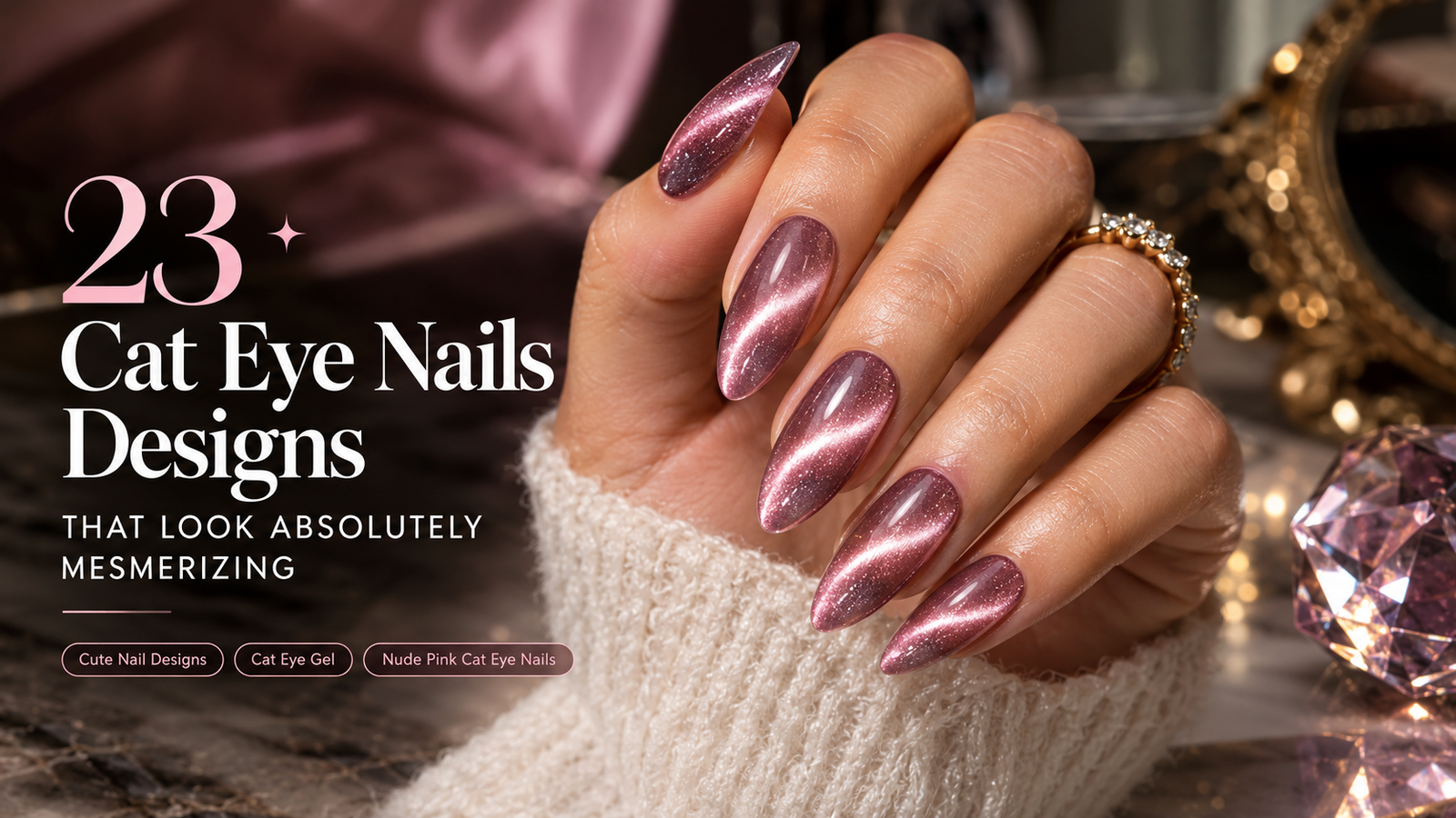 Mauve pink cat eye nails with luminous magnetic shimmer and almond-shaped tips