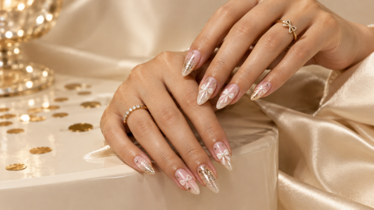 A collection of glamorous birthday nail designs featuring glitter, chrome, pink polish, and elegant party-ready details