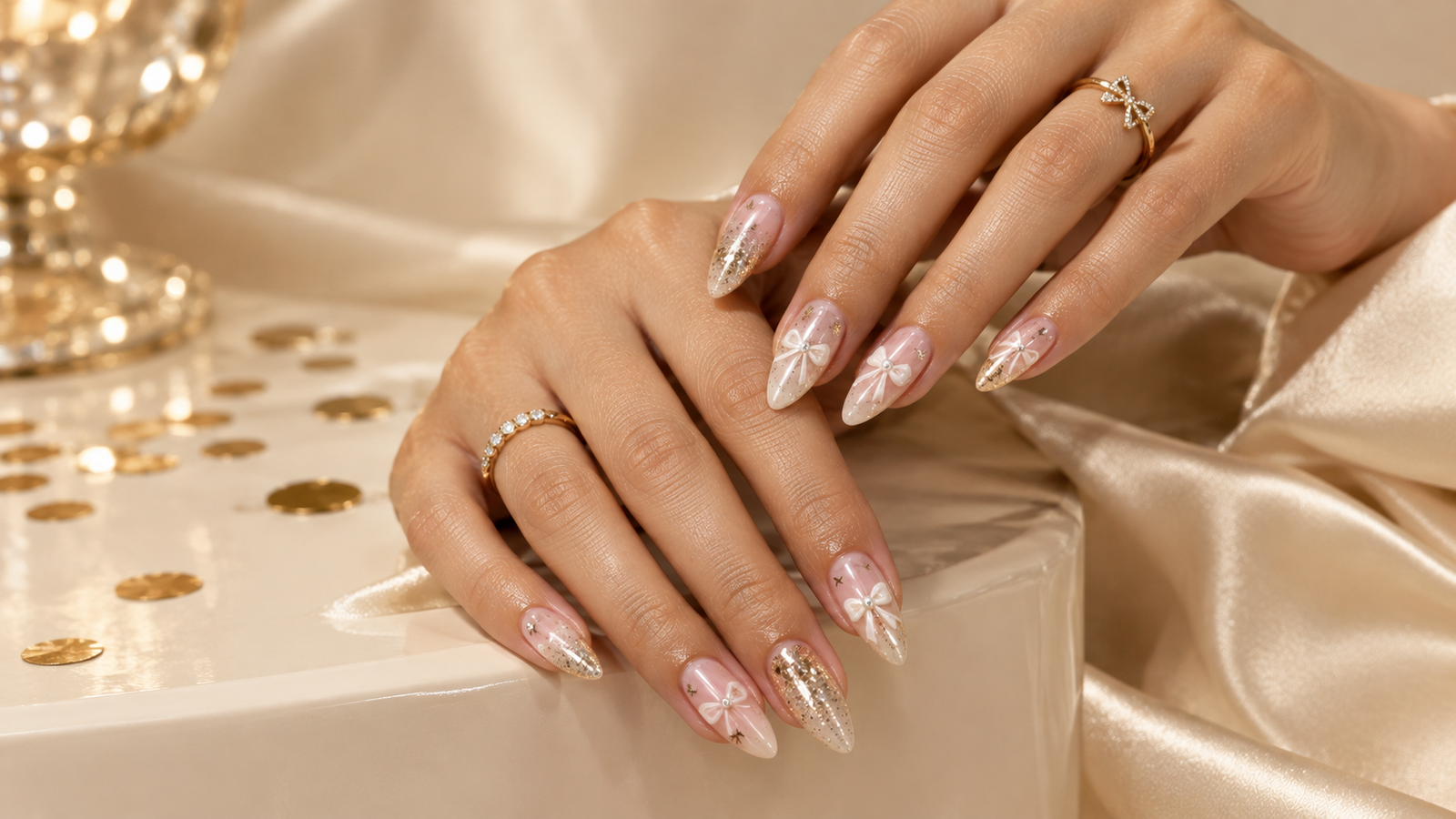 A collection of glamorous birthday nail designs featuring glitter, chrome, pink polish, and elegant party-ready details