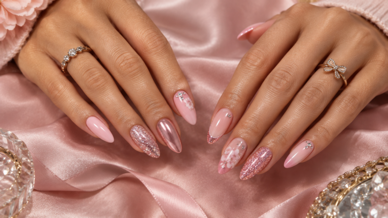 A collection of pink birthday nail designs featuring glitter, ombré, chrome, floral accents, and crystals.