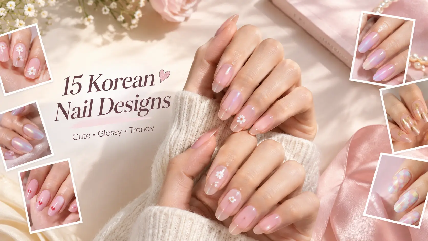 15 Korean nail designs featuring glossy pink nails, delicate daisies, pearl accents, and pastel nail art.