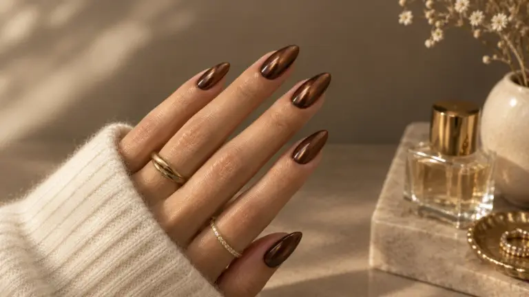 20 trendy nail ideas featuring glossy chocolate-brown almond nails with a luxurious glazed finish.